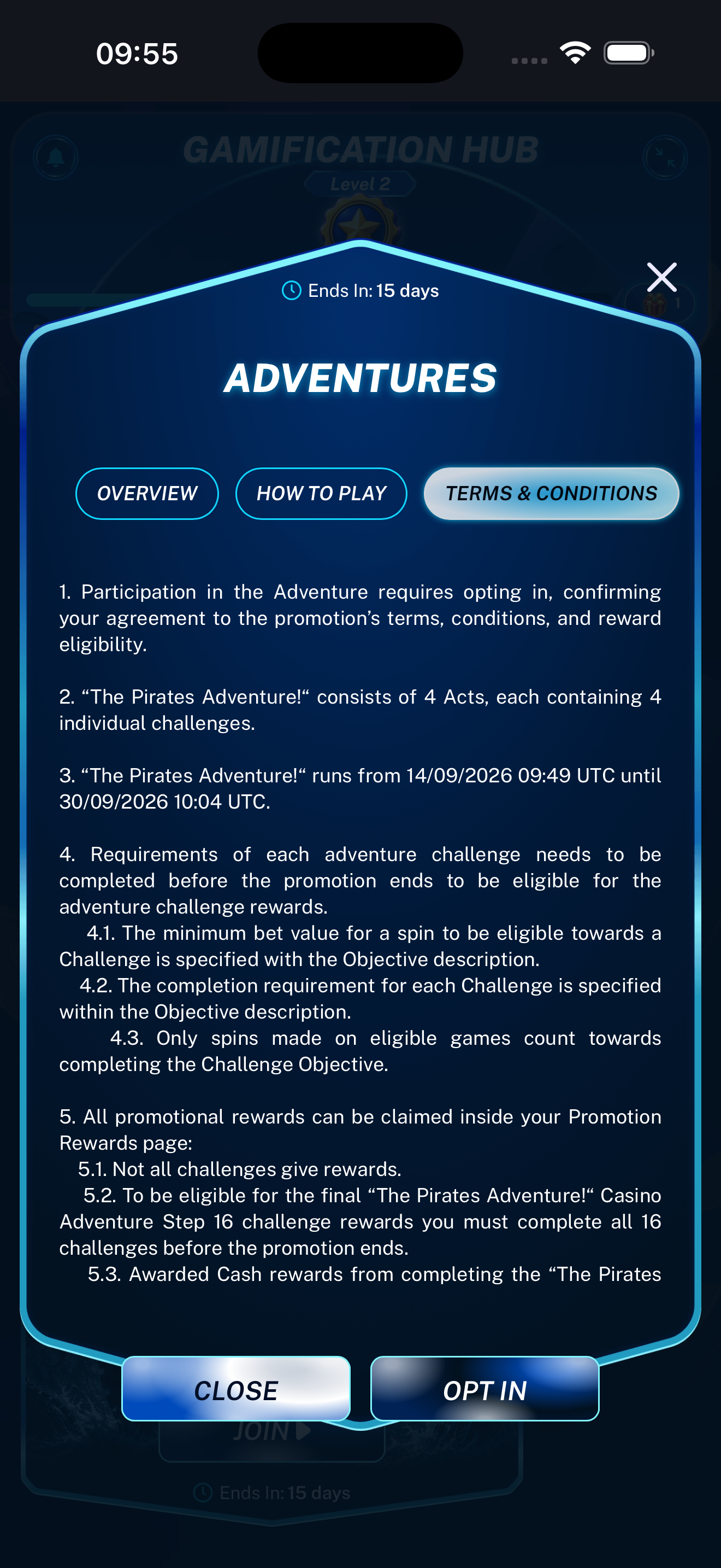 Adventure terms and conditions displayed on a mobile phone